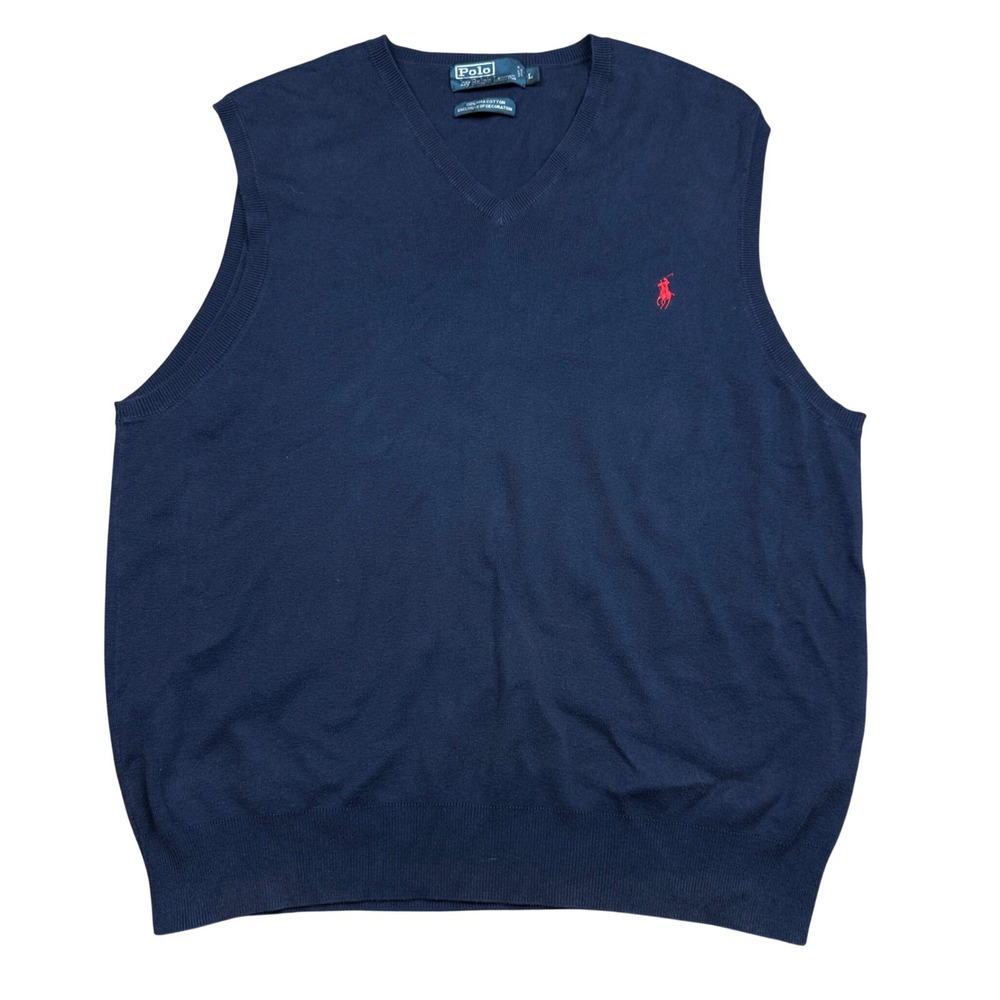 Polo Ralph Lauren Navy Blue Pima Cotton V-Neck Sweater Vest Mens Large Red Pony